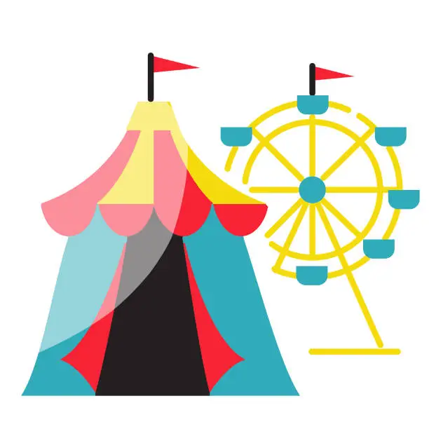 Vector illustration of Summer Carnival big top circus tent and Ferris wheel Icon on white background