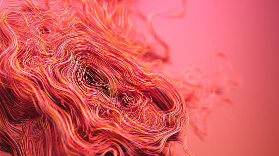 Abstract, vibrant swirly fibers on pink background.