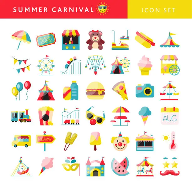 Vector illustration of Summer Carnival with Ferris wheel, carnival tent and balloon elements Icon set on white background