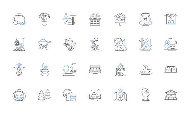 Township line icons collection. Settlement, Community, Village, Rural, Urban, Municipality, Hamlet vector and linear illustration. Suburb,District,Parish outline signs set Township outline icons collection. Settlement, Community, Village, Rural, Urban, Municipality, Hamlet vector and illustration concept set. District,Parish linear signs and symbols public service icon stock illustrations