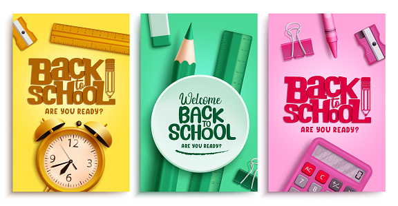 Back to school vector poster set design. School back text in empty space with educational elements. Vector illustration education background collection.