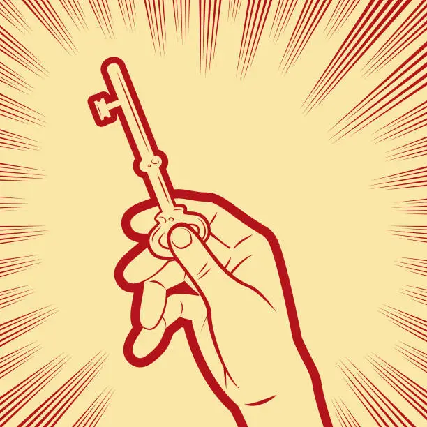 Vector illustration of A hand holding a key in the background with radial manga speed lines