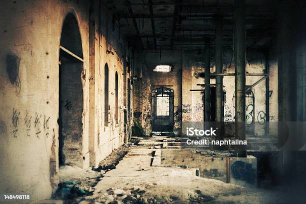 Inside Corridor Of Creepy Old Factory Stock Photo - Download Image Now - Indoors, Old, The Past