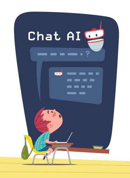 A student who find answers using CHAT AI. Illustration based on the concept of the impact of AI technology on the educational environment. child robot class stock illustrations