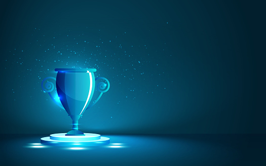 Trophy with laurel on blue wavy background. Winner nomination celebration. stock illustration