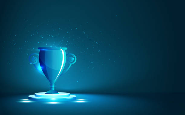 Best Awards Creative Promotional Poster Trophy with laurel on blue wavy background. Winner nomination celebration. stock illustration blue cup stock illustrations