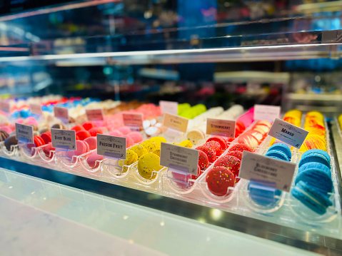 Multi-colored macarons at Toothsome Chocolate Emporium in Universal Village, Los Angeles, California.