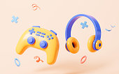 Gamepad and headset in the yellow background, 3d rendering.