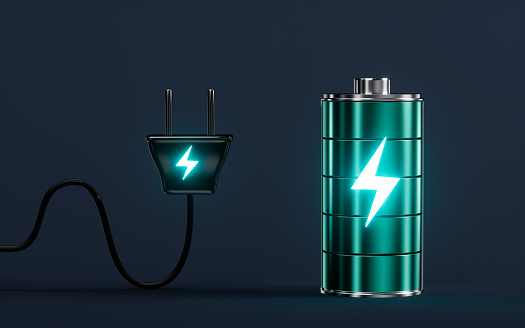 A plug with a charging mark and alkaline battery, 3d rendering. Digital drawing.