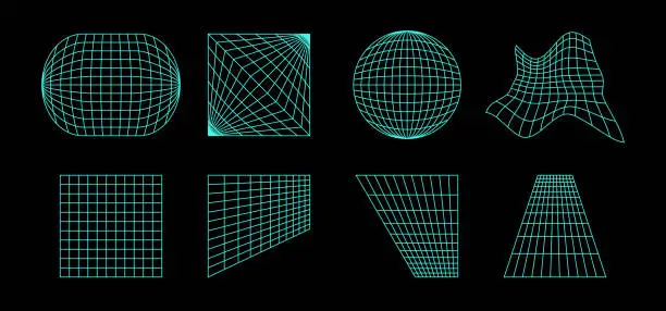 Vector illustration of Neon wireframe elements collection. Geometric surface grid of different shape. Distorted perspective planes and object set. Vector geometric bundle for posters, flyers, collages, templates.