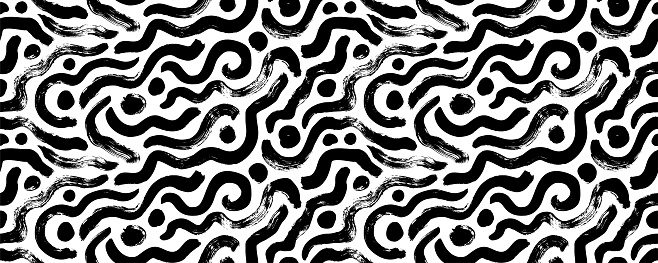 Doodle seamless pattern with bold lines and dots. Brush drawn curved strokes and swirls. Vector geometric wallpaper. Organic shapes and thick wavy lines. Grunge background in Memphis style.