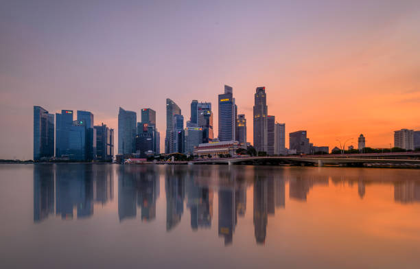 istock Vibrant sunset panorama background of central business district with perfect reflection 1484990485