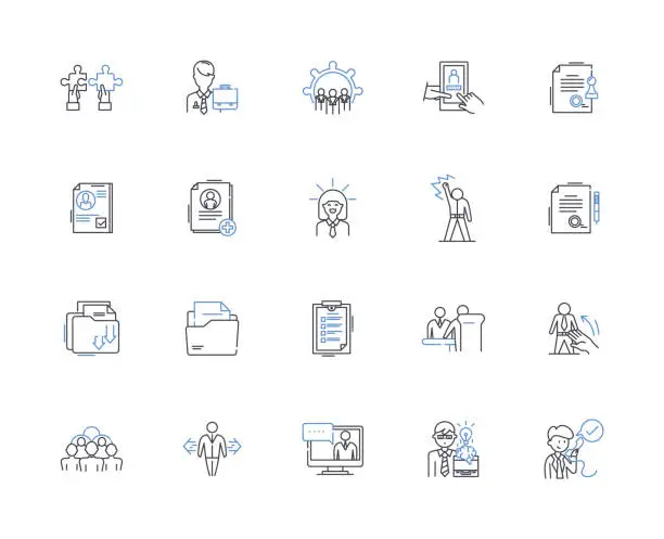 Vector illustration of Workstation tools line icons collection. Keyboard, Mouse, Monitor, Chair, Desk, Scanner, Printer vector and linear illustration. Webcam,Headphs,Microph outline signs set