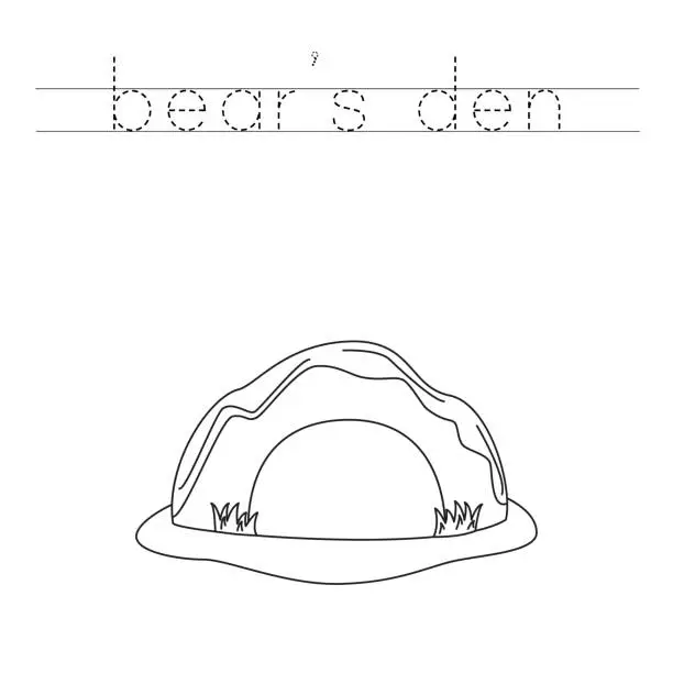 Vector illustration of Trace the letters and color cartoon bear den. Handwriting practice for kids.