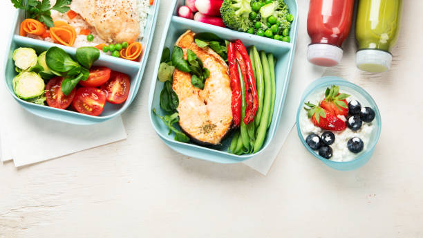 istock Different types healthy meals in containers, Takeout food menu, top view, copy space 1484997801