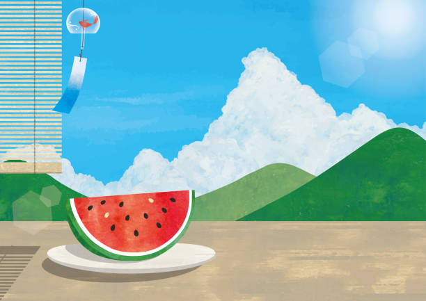 日本の山の風景とスイカ - 夏休み点のイラスト素材/クリップアート素材/マンガ素材/アイコン素材