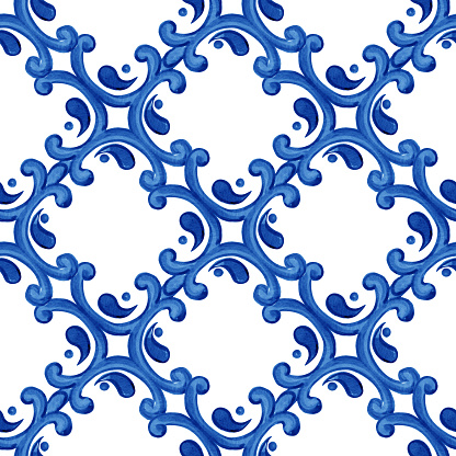 Majolica pattern. Sicilian hand drawn blue ornament. Traditional blue and white ceramic tiles. Portuguese traditional azulejo pattern. Moroccan style.