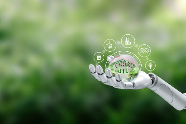 istock Robot hand holding crystal globe with a CO2 icon.Sustainable development. Reduce CO2 emission concept. Renewable energy-based green businesses can limit climate change and global warming. 1485004143