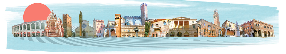 Verona colorful tourist landmarks postcard without label, Veneto region of Italy - art collage or design
