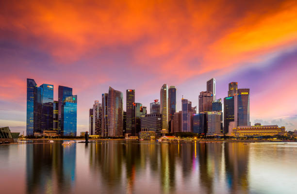 istock Brilliant sunset panorama of central business district with perfect reflection 1485004701