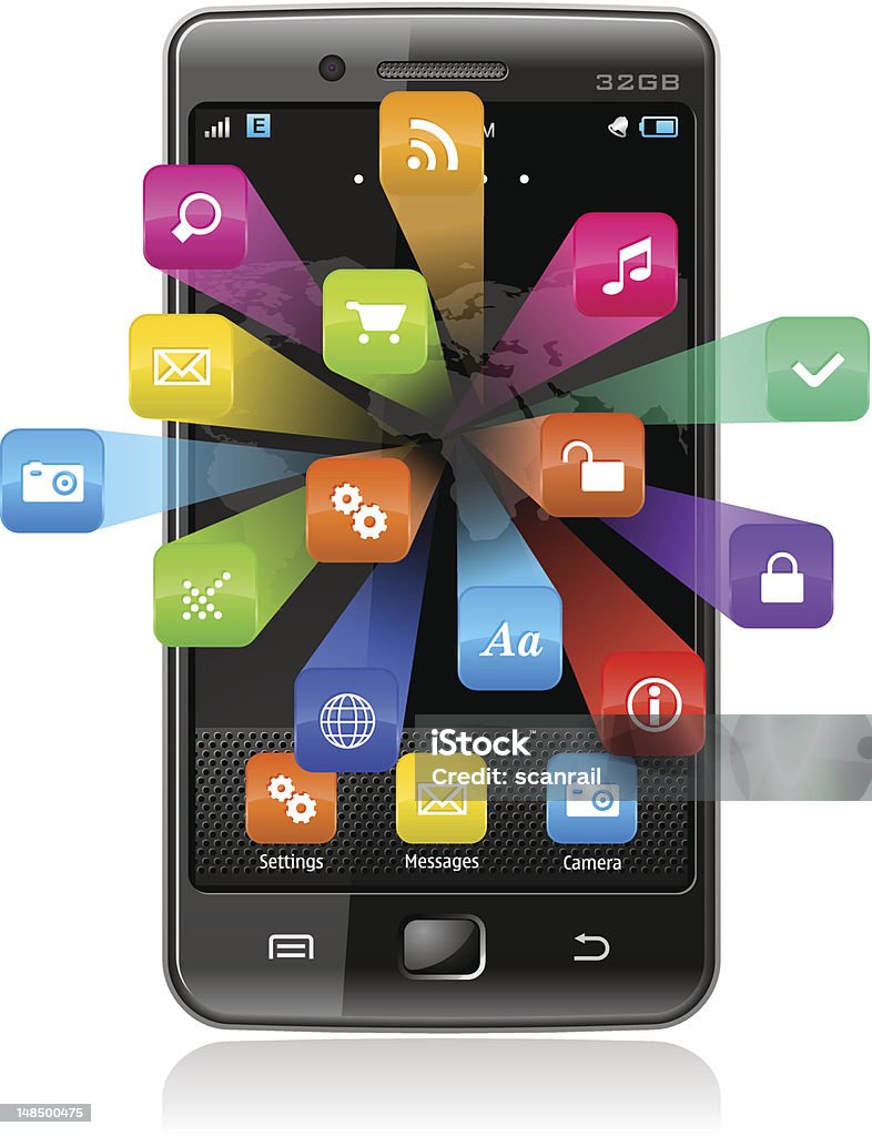Сенсорный смартфон с Иконки приложений (EPS10 вектор с прозрачности) - Векторная графика Белый роялти-фри