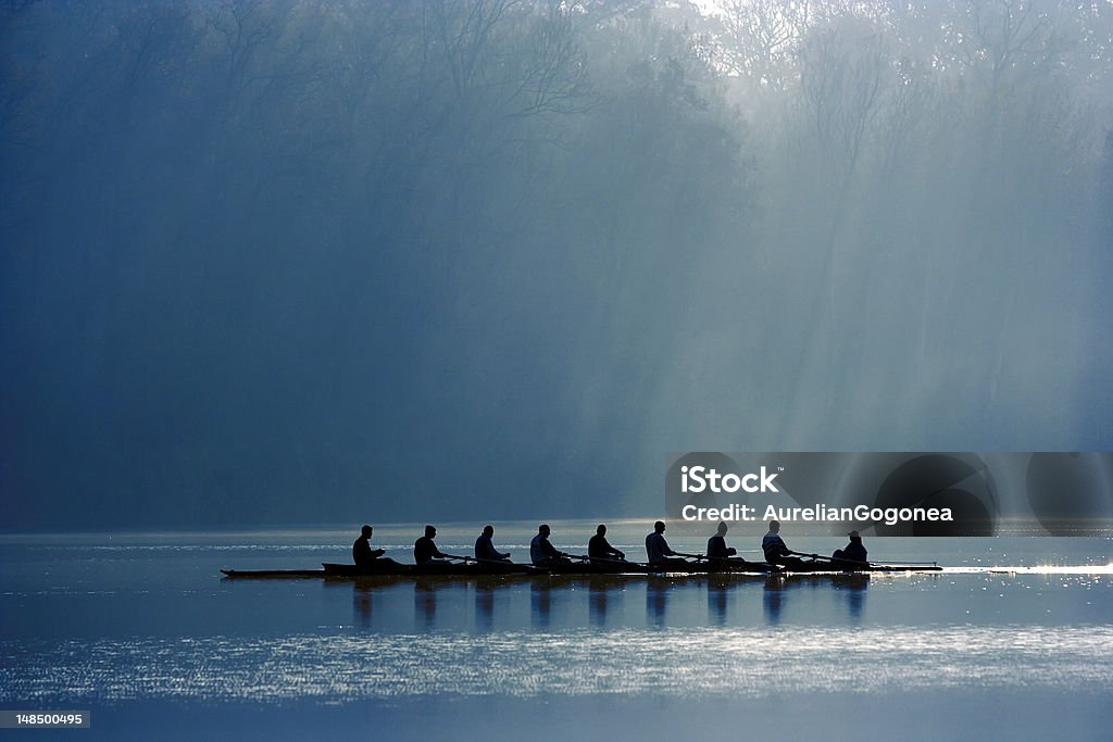 Canoe team A canoe team rowing with power in order to win the competition. On background morning light through the forest.  Teamwork Stock Photo