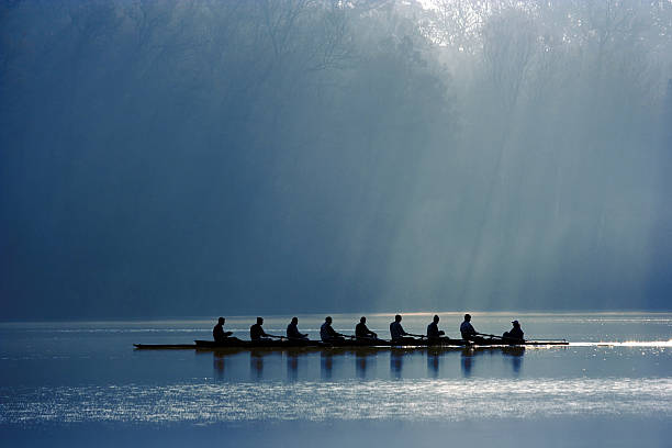 Canoe team A canoe team rowing with power in order to win the competition. On background morning light through the forest.  canoeing stock pictures, royalty-free photos & images