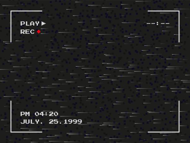 Vhs background, tv old screen backdrop. Retro vintage cameras with noise frame, 80s static overlay, grunge texture. Black abstract display. Recorder tape rewind. Vector illustration Vhs background, tv old screen backdrop. Retro vintage cameras with noise frame, 80s static overlay, grunge texture. Black abstract display. Rec and play sign. Recorder tape rewind. Vector illustration film camera overlay stock illustrations