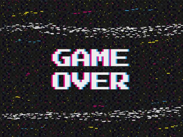 game over hintergrund, glitch pixel gerätebildschirm. retro 90er, 80er jahre videospiel, vhs alte fernsehtextur, vhs-hintergrund. rückspulen von videobändern, analoge filmwiedergabe. vektor vintage tapete - gamer video game video computer stock-grafiken, -clipart, -cartoons und -symbole