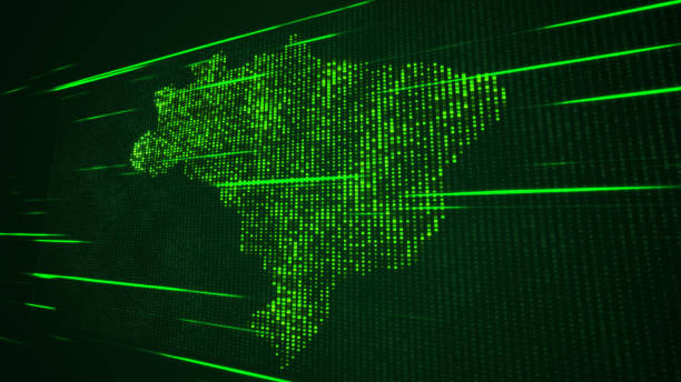 istock Futuristic Green Shinny Square Mosaic Grid Map Of Brazil Perspective View With Horizontal Light Streaks 1485005388