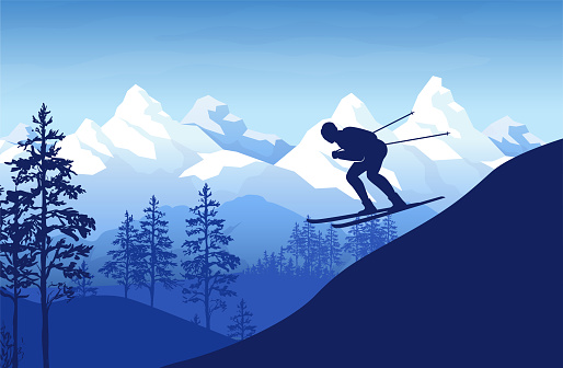 Alpine mountain ski downhill. Skier on slope of snowy rock. Jump competition in ice Alps. Mountainside skiing. Nature snow landscape. Silhouette pines and scenic peaks. Vector illustration concept
