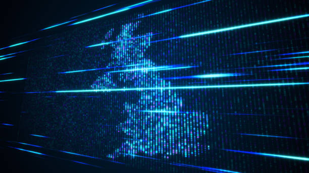istock Futuristic Blue Shinny Binary Digital Number Mosaic Grid Map Of United Kingdom Perspective View With Horizontal Light Streaks 1485005544