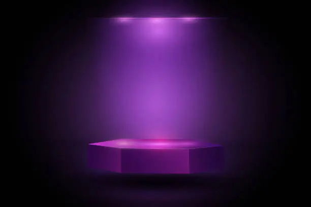 Vector illustration of 3D neon podium. Exhibition showcase. Purple product display. Projector light. Empty hexagon scene. Illuminated stage. Realistic geometric platform. Dark room effect. Vector background