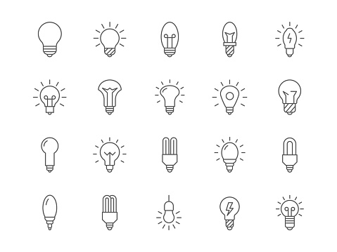 Light bulb. Line lamp symbols. Idea icons. Simple glowing lightbulb with electric filament. Innovation and inspiration. Fluorescent bright lighting. Illumination signs set. Vector outline illustration