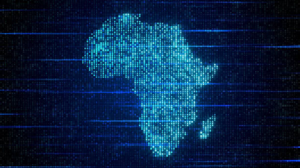 istock Futuristic Blue Shinny Digital Hud Square Elements Mosaic Grid Map Of Africa Flat Screen With Horizontal Light Streaks 1485005617
