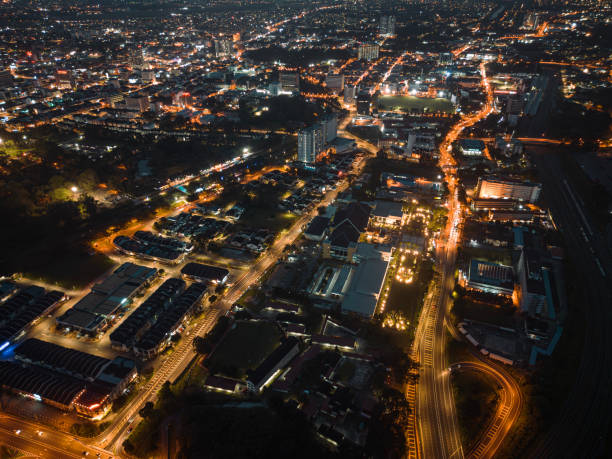 istock Drone point of view residential district at night 1485006235