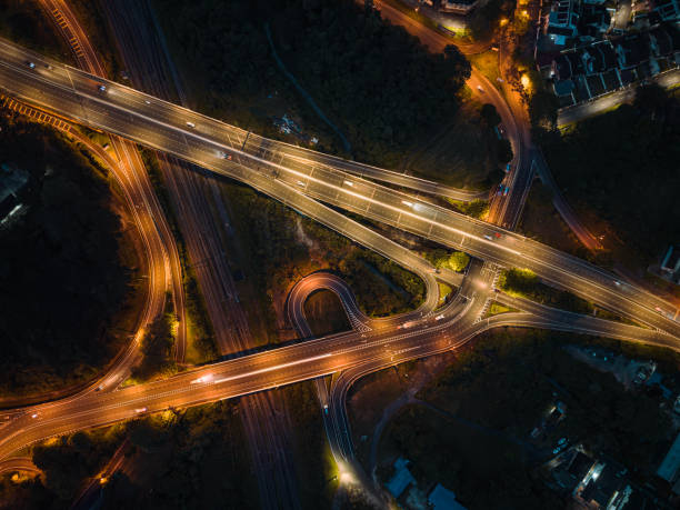 istock Highway traffic at night drone point of view 1485006281