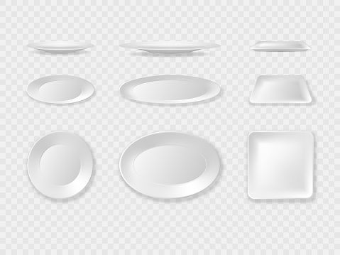 Realistic plate. Circle, oval and square clean dishes. White empty bowl. Deep table platter with shadows. 3D food crockery. Kitchen tableware set. Different view angles. Vector dinner utensil mockup