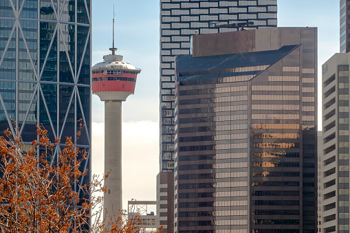 Calgary, Alberta, Canada. Apr 24, 2023. The Calgary Tower a 190.8-metre free standing observation tower in the downtown core of the City of Calgary.