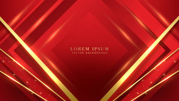 istock Red square shapes with diagonal golden line, shiny dots and sparkling glittering light effects elements. Luxury style vector design 1485009068