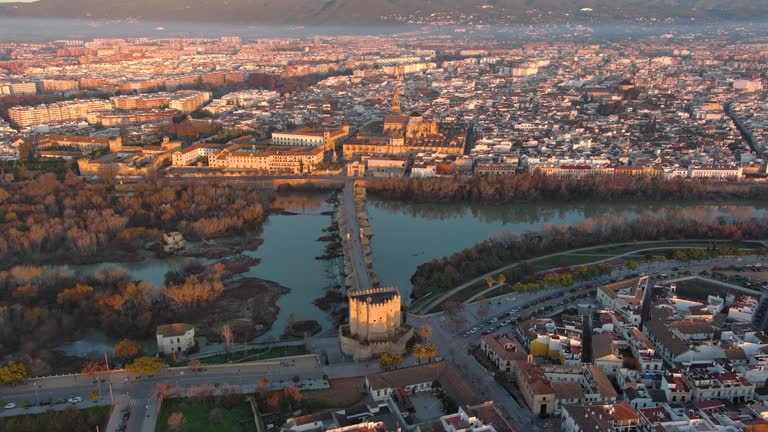 Aerial view of the Mosque–Cathedral of Cordoba and roman bridge over Guadalquivir river, UNESCO World Heritage Site, Andalusia, Spain