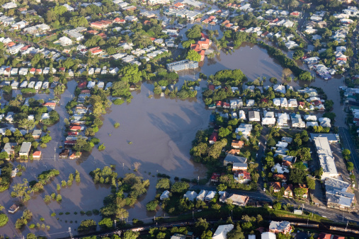 Aerial view of the residential area of the suburb of Milton during the great Brisbane Flood of 2011, the worst flooding disaster in Australia’s History. Image includes submerged parkland and local dining area of Rosalie.