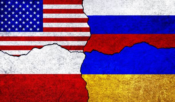 istock Flags of USA, Russia, Ukraine and Poland on a wall 1485013393