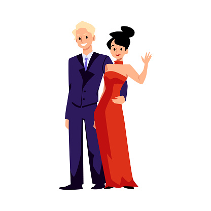 Couple elegantly dressed for a gala evening out. Man and woman dressed in evening costumes for celebration, flat vector illustration isolated on white background.