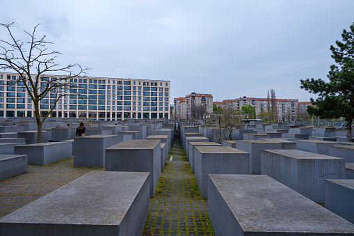 Berlin, Germany - April 18, 2023 : View of the Memorial to the Murdered Jews of Europe in Berlin Germany