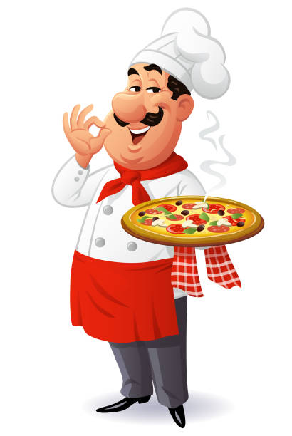 illustrations, cliparts, dessins animés et icônes de un chef italien présente une délicieuse pizza - pizzeria