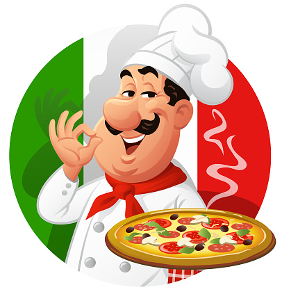 Vector logo of a happy italian chef presenting a delicious pizza in front of an italian flag. Part of a series.