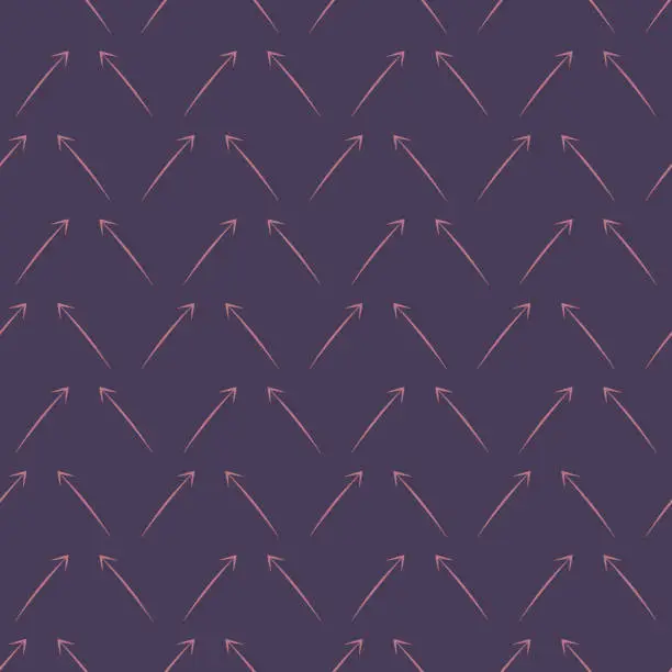 Vector illustration of Seamless pattern of pink arrows on a dark background. Diagonal Direction Up. Drawn Cursor. Doodle arrows. Vector.