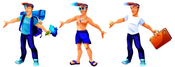 Vector illustration of Summer holiday concept in cartoon style. Tourist, traveler and beach guy on isolated white background. Character customization.