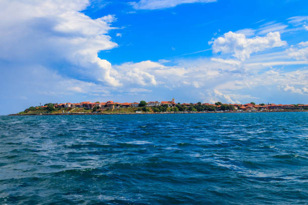 View of the old town of Nessebar and the Black sea, Bulgaria. View from a sea stock photo